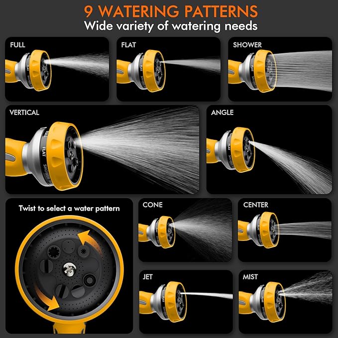 RESTMO Hose Nozzle Heavy Duty, Metal Water Hose Sprayer for Garden, 9 Spray Patterns | High Pressure | Thumb Flow Control | On/Off Valve, Ideal for Lawn & Plant Watering, Car & Pet Washing, Yellow