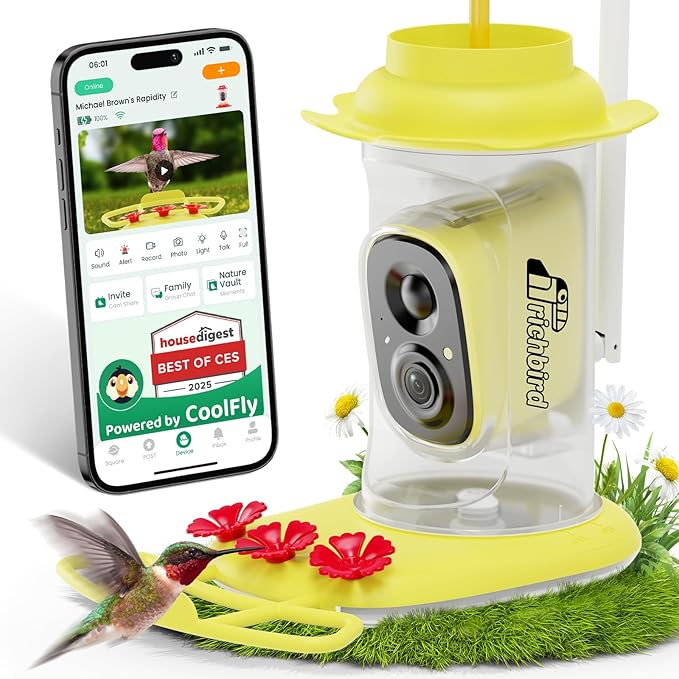Smart Hummingbird Feeder with Camera Solar Powered, AI Identify, Instant Notification, Leakproof & Ant Moat, Outdoors Hanging, Idea Gift for Bird Lovers (20 oz)