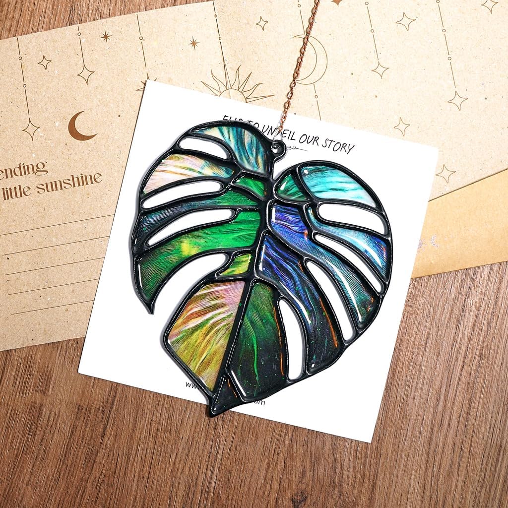 Monstera Handmade Artisan Resin Sun Catcher Stained Glass Effect Christmas Window Hanging Ornament Garden Decor