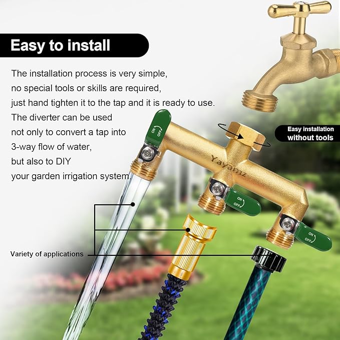 Garden Hose Splitter, 3/4” Rust and Freeze Resistant Outdoor Hose Manifold with 3 green Extra Long Handles Faucet Adapter-Heavy Duty Brass 3-Way Valve