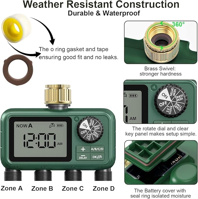 4 Zone Sprinkler Timer with Brass Inlet,Programmable Water Timer for Garden Hose with Rain Delay, Manual& Automatic Watering System,Programmable Digital for Lawn Yard,4 Zone