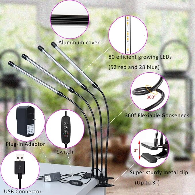 Plant Grow Lights for Indoor Plants Full Spectrum,80 LED Plant Lights for Indoor Growing with Timer, 4 Head Clip Indoor Plant Grow Lamp for House Plants with 3 Lighting Mode/10 Brightness