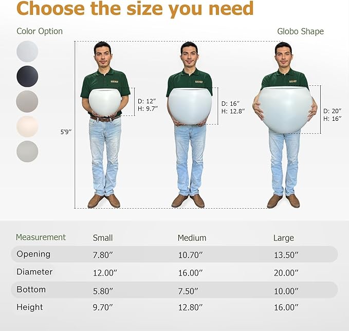 16" H x 20" D Globo Fiberstone Round Planter with Drainage Hole, Weather Resistant, Smooth Finish, Planters for Indoor Plants & Outdoor, 2 Extra Coco Mats (White, 13.5" Pot Opening)