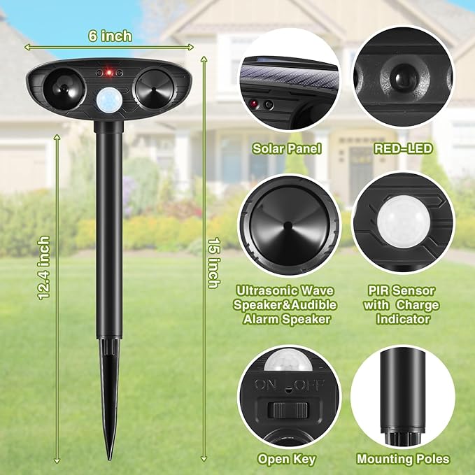 2025 2Pack Deer Repellent Device Ultrasonic Animal Repellent Outdoor Solar Animal Repeller with Motion Detection Cat Deterrent Outdoorto Scare Raccoon Dog Coyote Squirrel Skunk Fox Rabbit