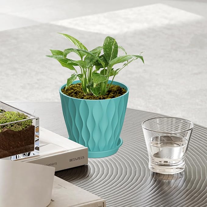 12 Pack 4 Inch Small Plant Pots with Saucers, Waffle Texture Plastic Planters with Drainage Holes for Indoor and Outdoor Plants, Flowers, Herbs, Succulents, and Seedlings, Blue