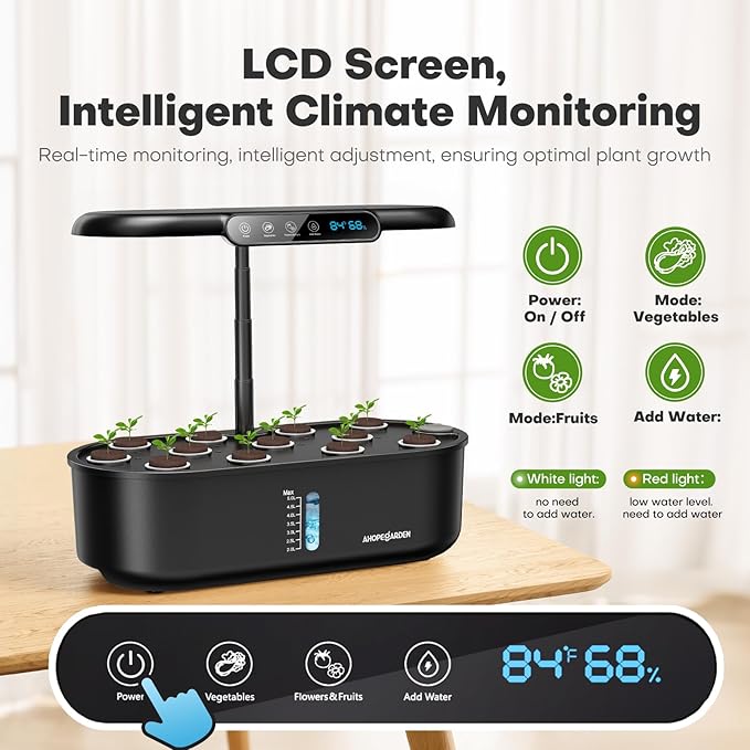 Ahopegarden Hydroponics Growing System kit: Indoor Herb Garden - 12 Pods Plant Germination Kit with LCD Display and LED Grow Light, Smart Temp & Humidity Detection, Planter Grower for Fresh Vegetables