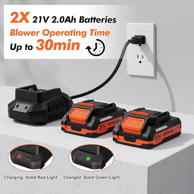 Leaf Blower Cordless - 21V Powerful Electric Leaf Blower with 2 Batteries and Charger, 2 Speed Modes, 2.0Ah Lightweight Battery Powered Leaf Blowers for Lawn Care, Patio, Dust, Blowing Leaves