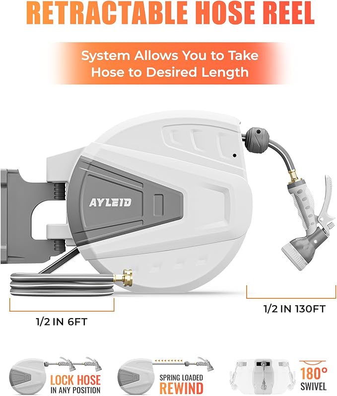 Ayleid Retractable Garden Hose Reel,1/2 in x 130 ft Wall Mounted Hose Reel, with 9- Function Sprayer Nozzle, Any Length Lock/Slow Return System/Wall Mounted/180°Swivel Bracket (Grey)