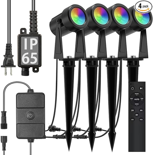 SUNTHIN Outdoor Landscape Lighting with Remote, RGBW Color Changing Spot Uplights,4 Pack