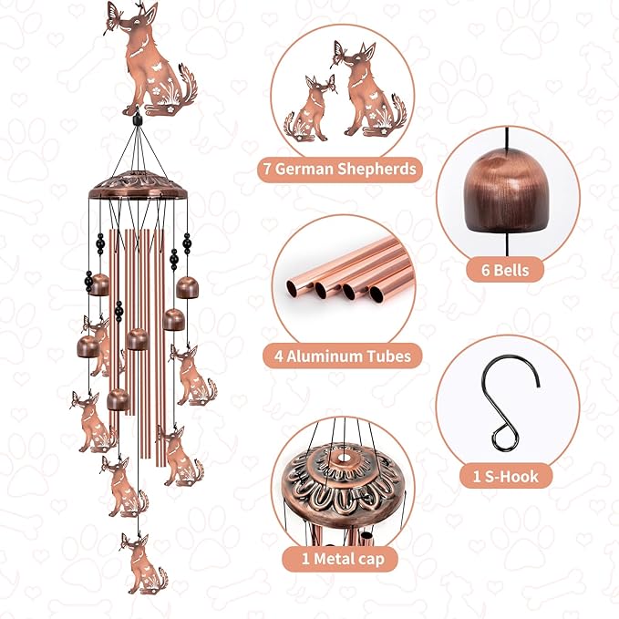 German Shepherd Wind Chimes for Outside, Memorial Decor for Women, Men - Dog Lover Chimes for Patio, Garden