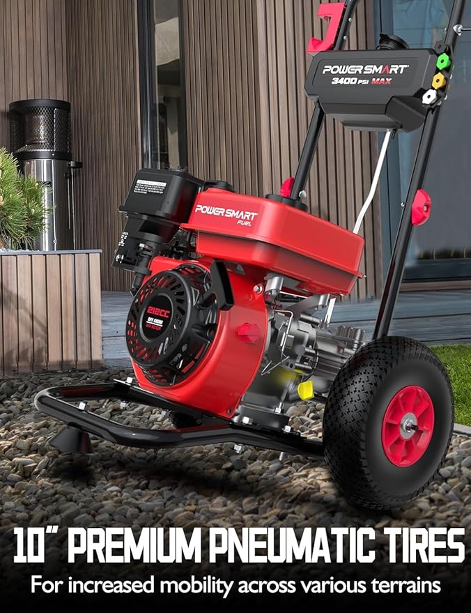 PowerSmart Gas Pressure Washer 3400 PSI, 2.5 GPM Gas Powered Pressure Washer, 212CC Engine, 10" Wheels, 5 Nozzles for Patio, Car, Driveway, Fence & Home Cleaning