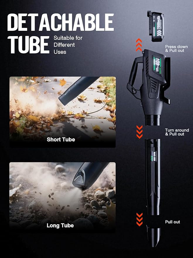 Leaf Blower Cordless, 40V 600CFM &180MPH Electric Leaf Blower with 7.5Ah Battery, Fast Charger and Extension Tube for Blowing Leaves Snow for Yard Garden Lawn Care, Grey