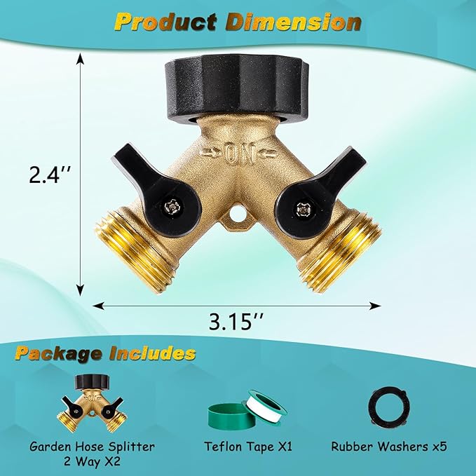 Dalmbox Garden Hose Splitter 2 Way, Y Connector Brass Garden Hose Adapter, Water Hose Splitter, Double Shut Off Valve, Includes 5 Rubber Washers & Teflon Tape(2 pack)