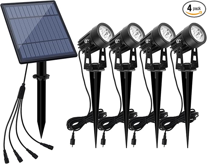 APONUO Solar Spotlights Landscape Lights Low Voltage Outdoor Solar Spotlight IP65 Waterproof 9.8ft Cable Auto On/Off with 4 Cool White for Outdoor Garden Yard Landscape Downlight (4-in-1)