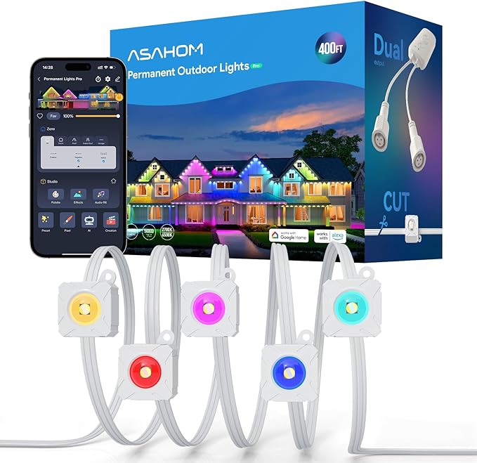 ASAHOM Permanent Outdoor Lights Pro S108F, 400FT with 288 RGBCW LEDs, WLED Integration, AI Lighting, 30000 Lighting Effect Combinations, IP67 Waterproof for Halloween Christmas Daily Decor, White