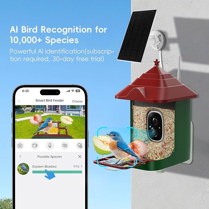 Smart Bird Feeder with Camera, Solar Panel & 5200mAh Battery, 4K HD Video, AI Identification, Instant Arrival Alerts & Alarm, IP65 Weatherproof, 32GB Card, 2L Capacity, Bird Lover’s Smart Companion