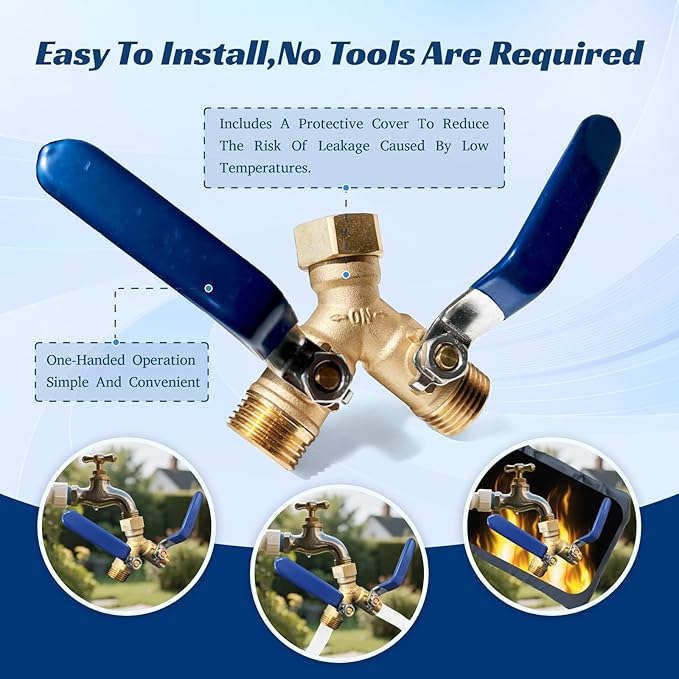 Garden Hose Splitter 2 Way Heavy Duty Brass Hose Splitter With 304 Stainless Steel Long Handle & Winter Faucet Protector, 3/4" Y Valve Thread High Flow Outdoor Faucet Splitter