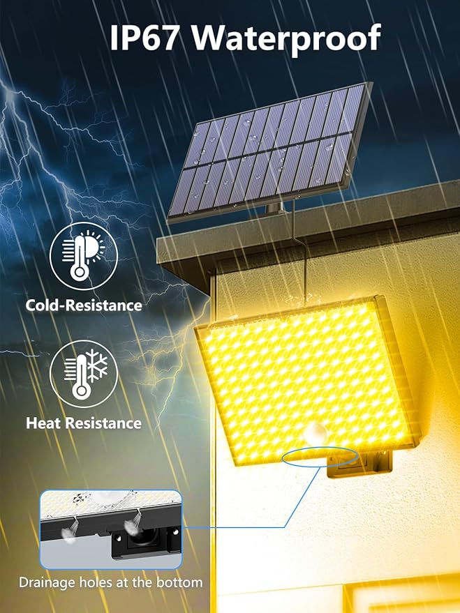 400LED Solar Lights Outdoor,IP67 Waterproof Solar Flood Lights,3 Modes & Remote Control Motion Sensor Outdoor Light for Garden, Garage, Patio, Pathway (Warm Yellow 1 Pack)