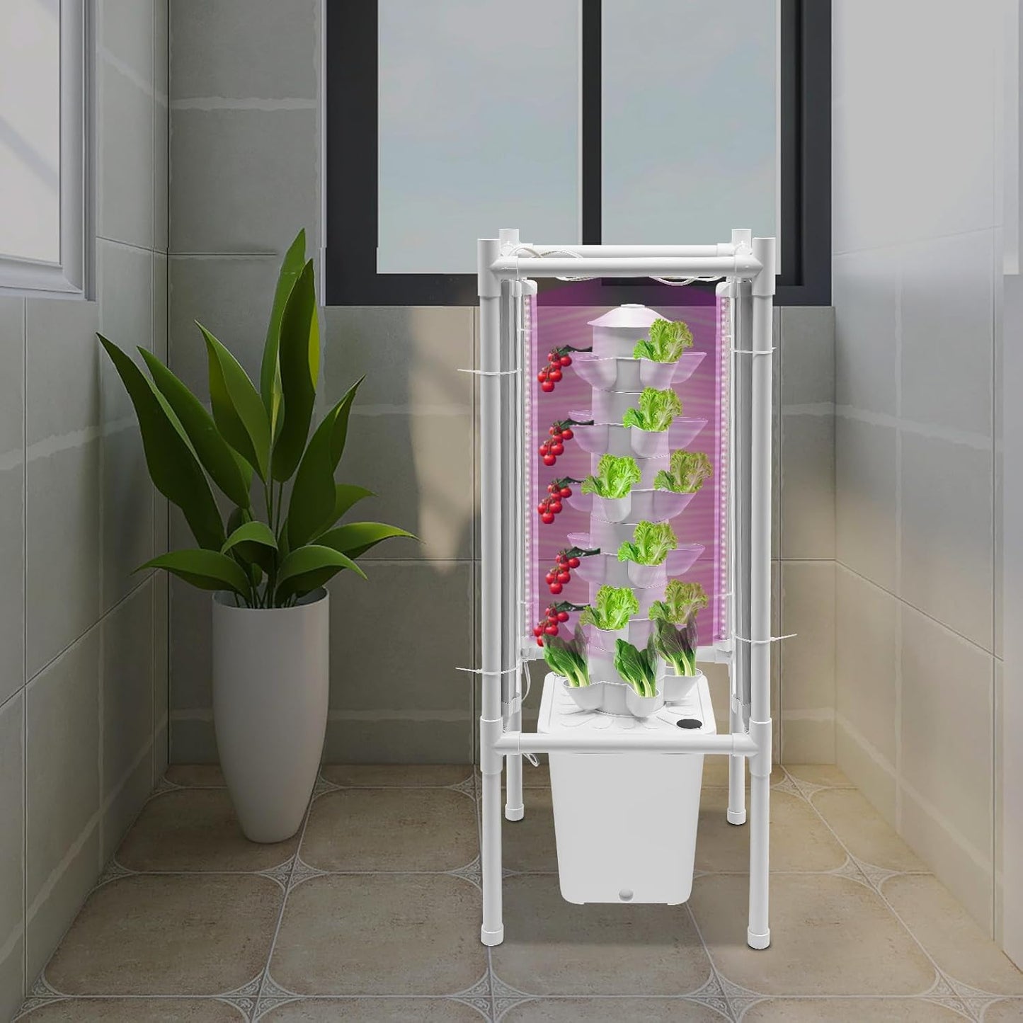 Vertical Hydroponic Tower Growing System,6Tiers 30Pods Home Hydronic Garden Kit with Water Pump&LED Light,Water Circulation Plants Germination System for Indoor Herbs Fruits & Vegetable (white)