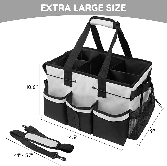 ZKOO Large Cleaning Caddy Bag with Handle, Built-in Sturdy Support Board, Adjustable Shoulder Strap, Multi-compartment Design Cleaning Supply Tote for Cleaners & Housekeepers (White)