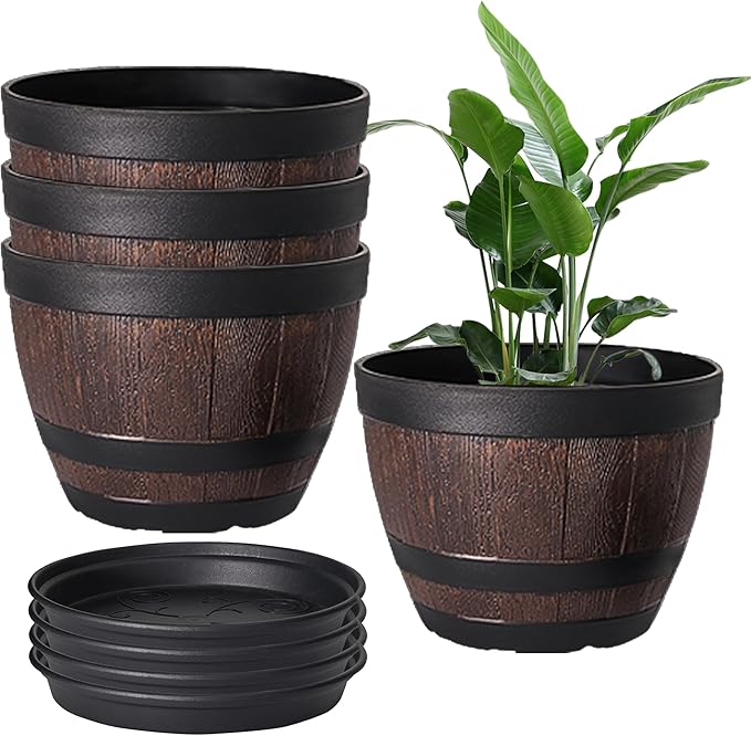 VECELO Plant Pots with Drainage Holes & Saucer, 11.3 Inch Flower Pots with Tray, 4 Pack Plastic Whiskey Barrel Planters for Indoor & Outdoor Garden Home Plants and Flowers