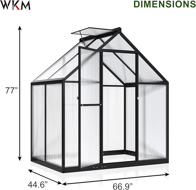 WKM Greenhouse - 5.6x3.7 FT Quick-fit Aluminum Structure with Window Ventilation, Black