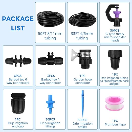 Drip Irrigation System Kit - Automatic Garden Watering System with G-Type 360° Rotating Micro Sprinkler Heads & 50FT 8/11mm & 33FT 4/6mm Irrigation Tubing for Garden, Lawn, Greenhouse, Yard, Plant