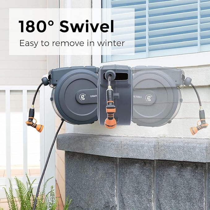 Giraffe Tools AW40 Retractable Hose Reel 5/8" x 90 ft Wall Mounted Garden Hose Reel Heavy Duty, Automatic Rewind, 180 Deg Swivel, Any Length Lock, 9 Pattern Nozzle, 90 ft, Dark Grey