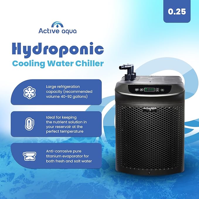 ACTIVEAQUA Hydroponic Water Chiller w/Boost Function, 0.25 HP - Adjustable Cooling System for 40-92 Gallon Reservoirs, Pure Titanium Evaporator Cooler for Aquaponics, Cold Plunge Baths & Aquariums