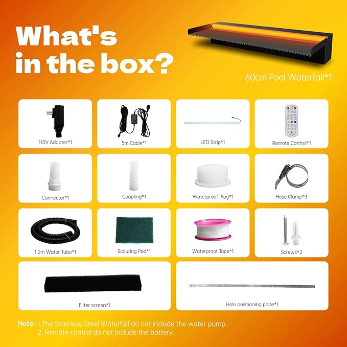 Pool Waterfall Spillway Stainless Steel Pond Fountain, APP Control Colorful LED Lighted Outdoor Black Fountains, Water Flow Spillways Kit for Koi Pond, Swimming Pool, Garden-23.6"x7.8"x3.9"