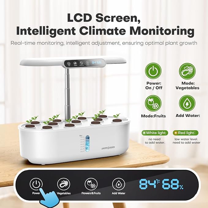 Ahopegarden Hydroponics Growing System kit: Indoor Herb Garden - 12 Pods Plant Germination Kit with LCD Display and LED Grow Light, Smart Temp & Humidity Detection, Planter Grower for Vegetables
