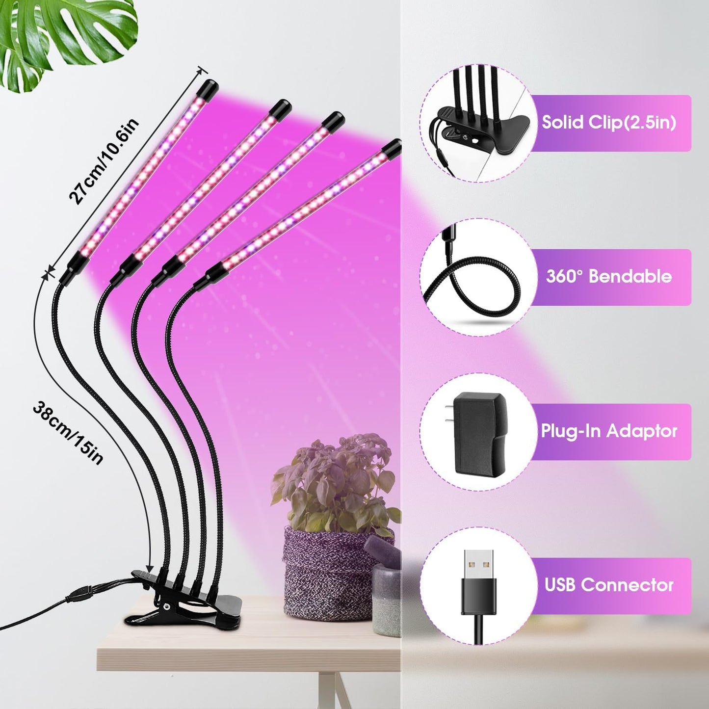 Wolezek Grow Lights for Indoor Plants, 80 LEDs 4 Heads Full Spectrum Red & Blue Plant Light with Clip, Grow Lamp with 6/12/16H Auto Timer, 3 Switch Modes for Seedlings and Succulents