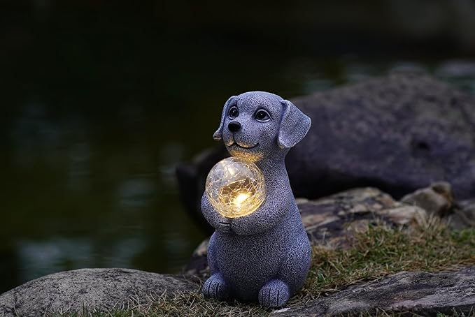 Dog Garden Statues - 8.4 Dog Decor with Gazing Ball LED Lights, Unique Gifts for Mom Grandma Birthdays, Outdoor Decor for Outside Lawn Porch Patio (Gray)