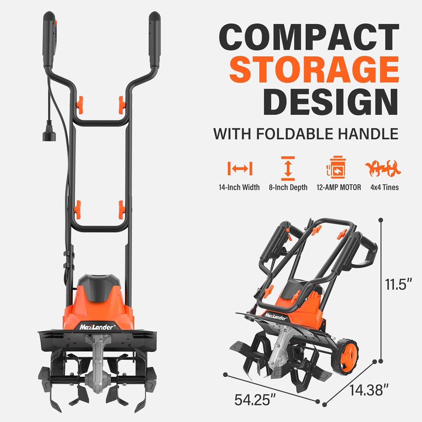 MAXLANDER Electric Tiller Cultivator, 14 Inch 12 Amp Corded Tiller for Gardening with Foldable Handle, 4 Steel Tines, Garden Rototiller with Wheels for Lawn Yard Soil Cultivation