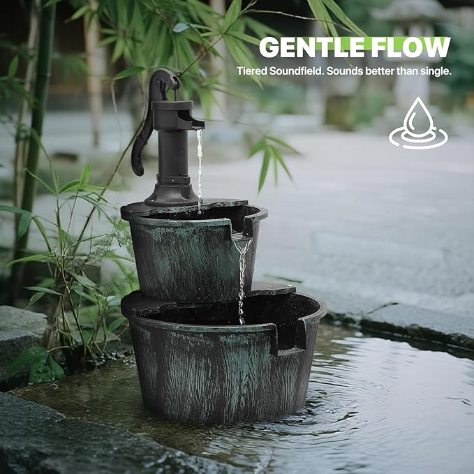 Magshion Barrel and Pump Water Fountain, Freestanding Cascading Waterfall Fountain with Electric Recirculating Pump, 2-Tier Water Feature Decor for Garden, Patio, Backyard, or Porch, Dark Green