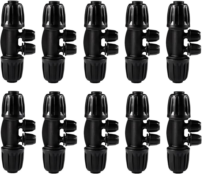 10PCS 1/2 Inch to 1/4 Inch Tubing Irrigation Fittings for (1/2'' ID x 0.60''-0.63'' OD) 16mm Drip Tubing,Locked Barbed Tee Connectors, Anti-Drop Straight Tee for Irrigation Tubing (4 Way)