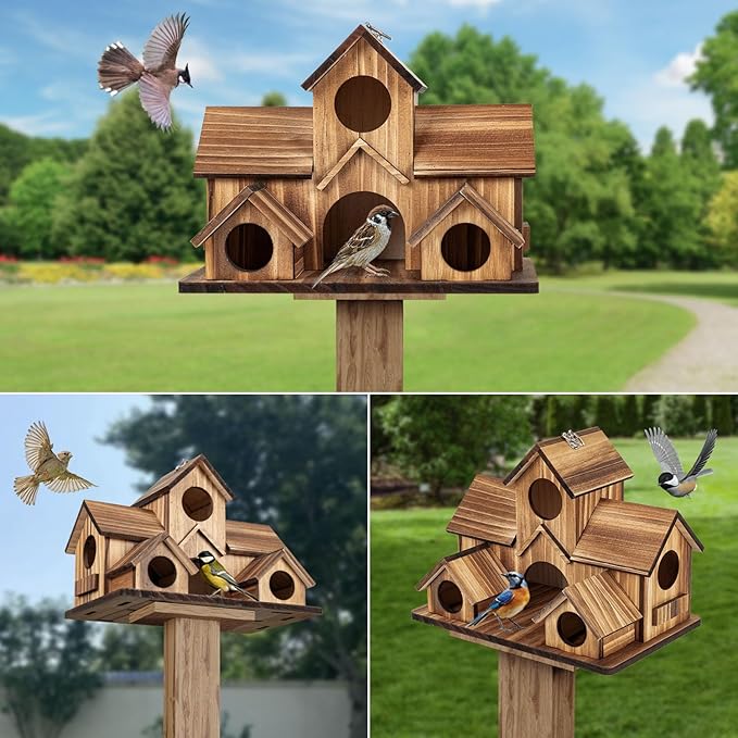 Bird Houses for Outside, Outdoor 5-Hole Birdhouse for Bluebirds, Finches, Cardinals and Yellow Finches, Wooden Hanging Birds House Wild Bird Nest Garden Decorative