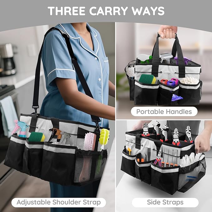 ZKOO Large Cleaning Caddy Bag with Handle, Built-in Sturdy Support Board, Adjustable Shoulder Strap, Multi-compartment Design Cleaning Supply Tote for Cleaners & Housekeepers (White)