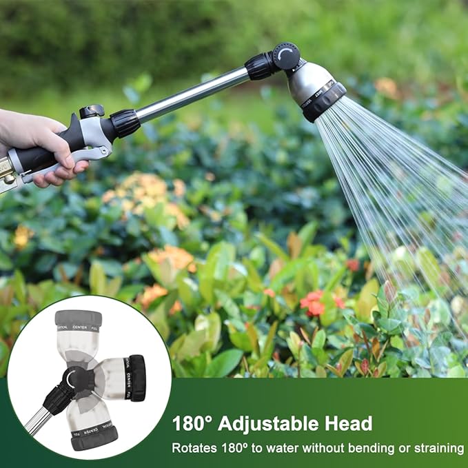 FANHAO Watering Wand Heavy Duty, 16 Inches Metal Garden Hose Wand with 8 Spray Patterns, Long Hose Nozzle Sprayer with ON/OFF Thumb Control, Perfect for Hanging Baskets, Shrubs, Garden and Lawn