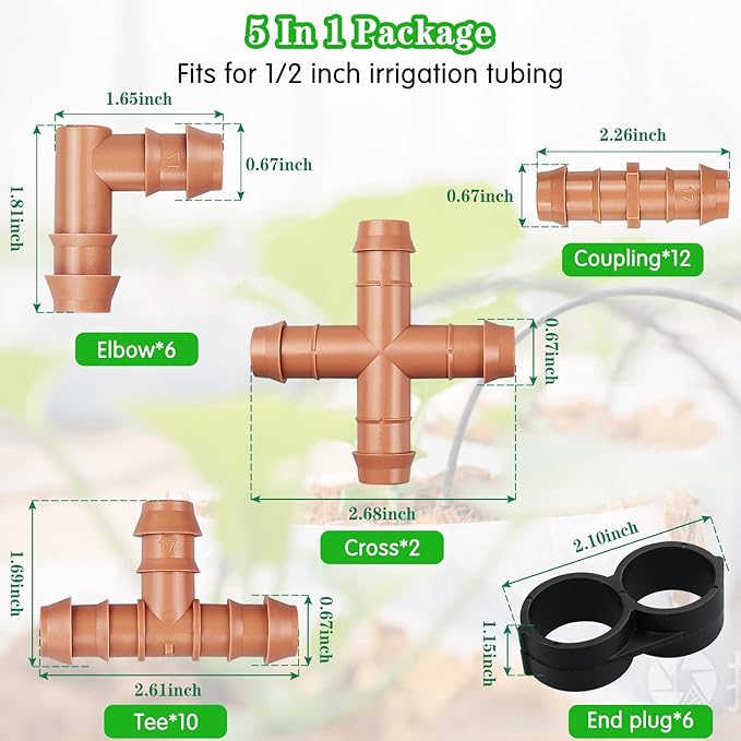 36 Pieces Drip Irrigation Kit:Drip Irrigation Parts for 1/2 Inch Drip Irrigation Tubing with 17mm 0.600" ID Drip Barbed Connectors Including 12 Couplings 10 Tees 6 Elbows 6 Plugs 2 Crosses