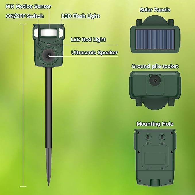 2025 Upgraded Solar Ultrasonic Animal Repellent Outdoor – Motion Activated Deer, Squirrel, Cat, Raccoon, Dog & Bird Ultrasonic Sweep for Yard, Garden, Farm, 2PC