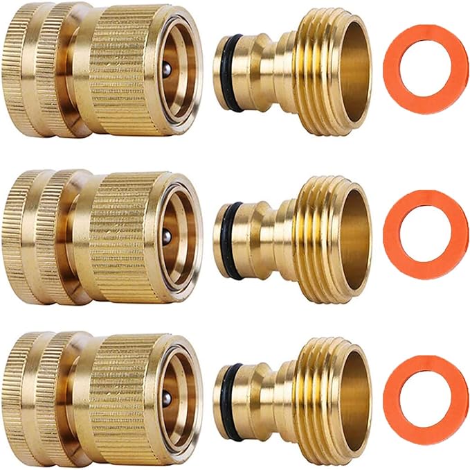 Garden Hose Quick Connectors, Solid Brass 3/4 inch GHT Thread Easy Connect Fittings No-Leak Water Hose Male Female Value Pack (3)