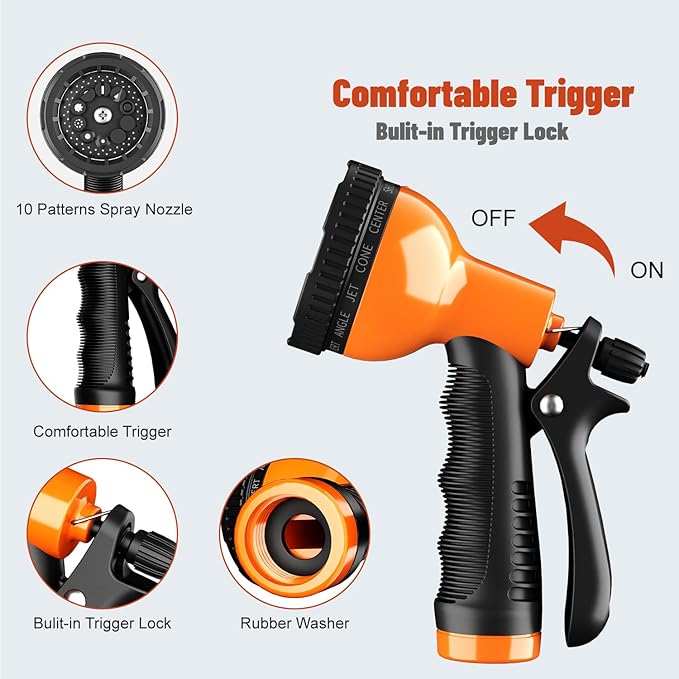 Garden Hose Nozzle Sprayer 10 Watering Patterns Spray Nozzles Heavy Duty Hose Head Lightweight Hose Attachment Orange