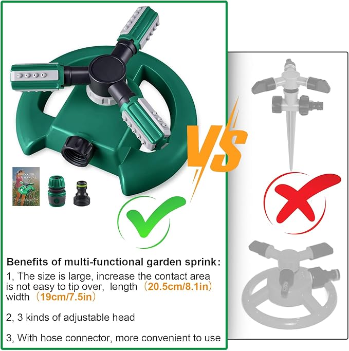 Automatic Garden Water Sprinkler, 360 Degree Rotation Irrigation System, Large Area Coverage, for Yard, Lawn, Garden - 2 Pack (Deep Green)
