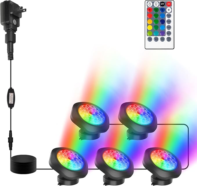 RGBW Pond Lights, 18 LED Super Bright Underwater Submersible Fountain Lights Color Changing Spotlights, 98ft Remote Control IP68 Waterproof for Fish Aquarium Tank Garden Yard Pool (Set of 5)