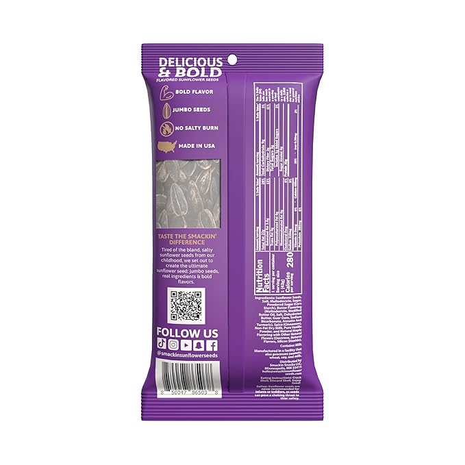 SMACKIN' Sunflower Seeds, Roasted Jumbo Small-Batch, American Made - Cinnamon Churro. 1.5oz bags (6 Pack)