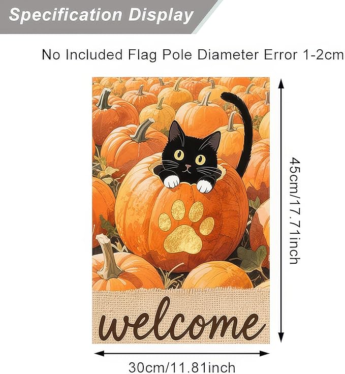 Thanksgiving Fall Garden Flag 12x18 Inch Welcome Black Cat Flag Double Sided Outdoor Autumn Yard Banner with Pumpkins and Paw Print for Porch Lawn Patio Seasonal Decor