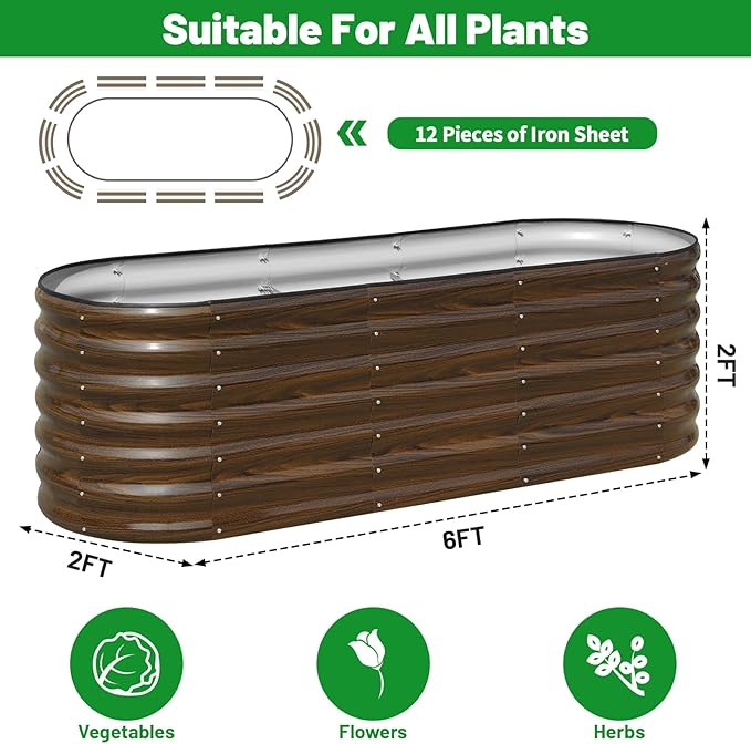 SnugNiture Galvanized Steel Raised Garden Bed, 6x2x2 ft, Outdoor Oval Deep Root Planter Box for Growing Vegetables, Flowers and Fruits