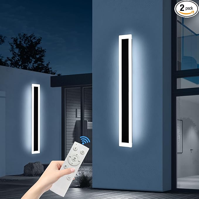 Upgrade Widened 2 Pack Modern Outdoor Wall Sconce, 47.2inch Dimmable Exterior LED Light Fixture 3000K-6000K, IP65 Waterproof, Black Wall Mounted Lamp for Balcony, Garden, Shop with Remote Control