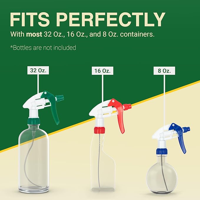 Heluva Green Spray Bottle Nozzle Replacement, Bottle Tops Only - Sprayer Nozzle Triggers for Heavy Duty, Commercial, Home Cleaning Solutions - Fits 8,16,24,32 oz Plastic & Glass Bottles, Mixed 3 pack